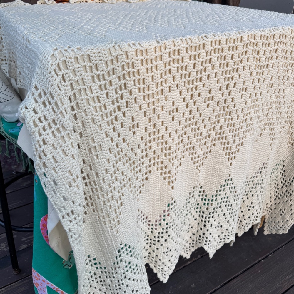 Handmade Vintage Crochet Tablecloth 50x72 Ivory Cream Boho Cottage Throw Filet